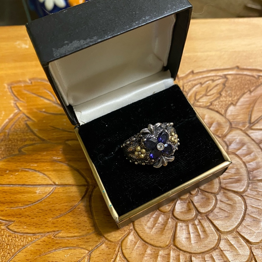 Barabara BIXBY Sterling Blue Iolite and white topaz Floral with 18k accents